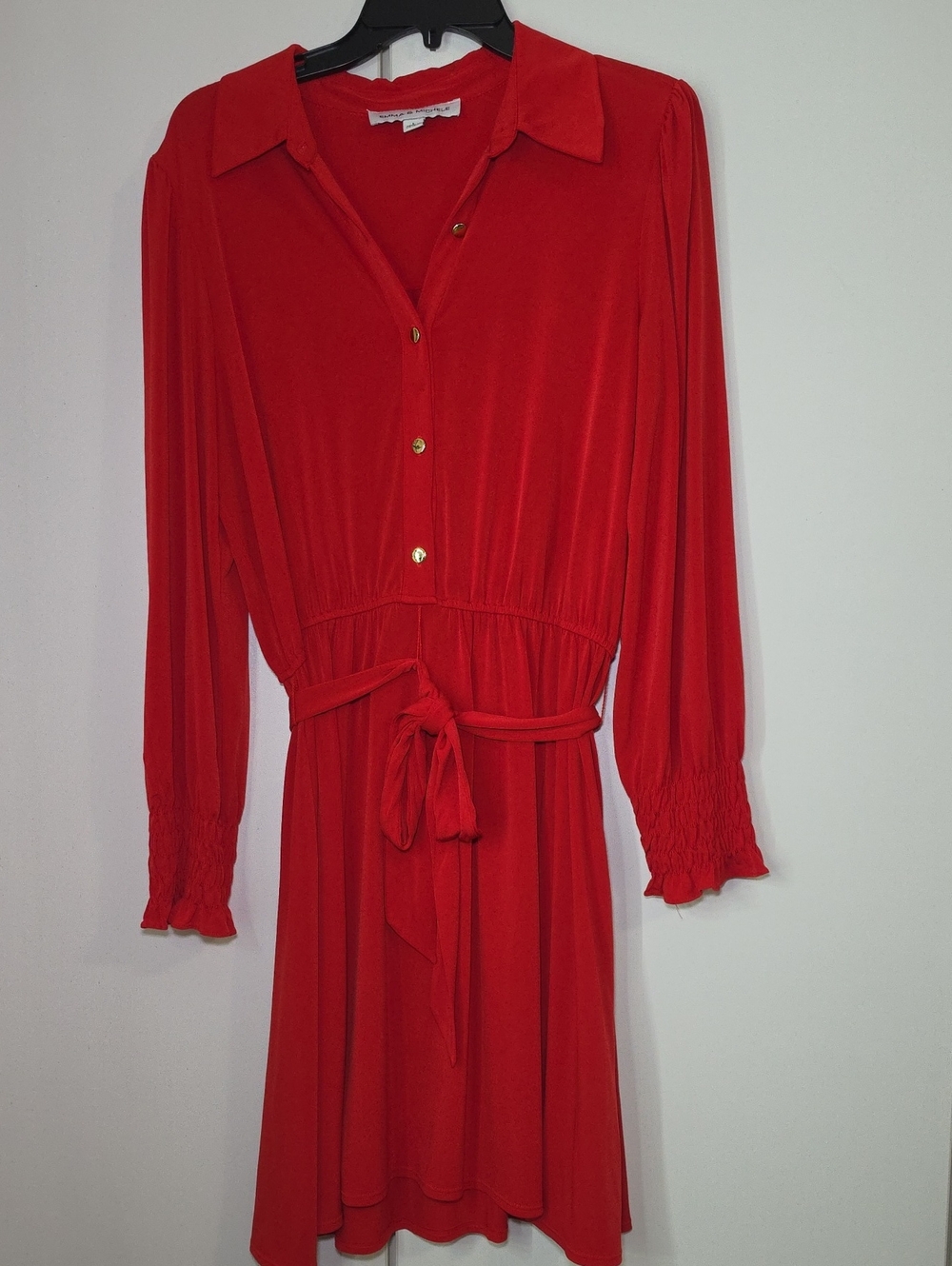 Emma & Michele Red Long-Sleeve Shirt Dress with Tie Waist